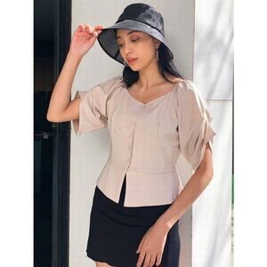 EMODA Arm Tuck 2-Way Decollete Top Button Up Blouse Taupe Tan Greige Sz M